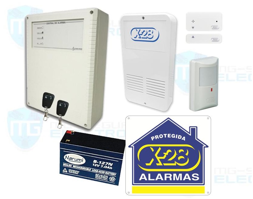 Central, 2 controles remotos, batería, sensor inalámbrico para interior, sensor magnético de apertura inalámbrico y sirena para exterior